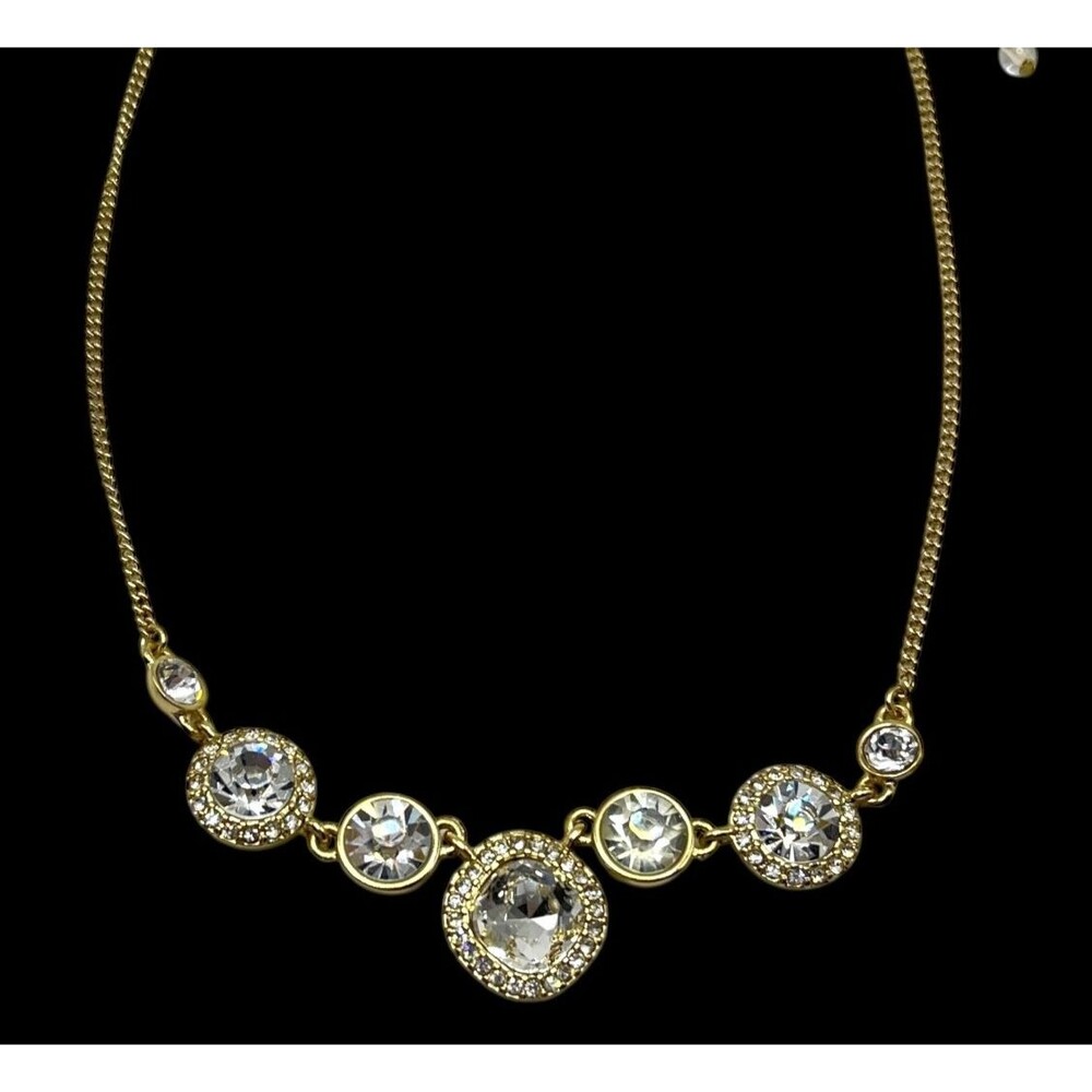 Gold Tone White Rhinestone Necklace Statement Bib Retro Jewelry Party Glamour